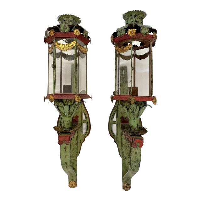 Vintage Italian Venetian Style Painted Tole Wall Sconce Candle Lanterns- A Pair For Sale