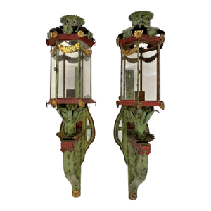 Vintage Italian Venetian Style Painted Tole Wall Sconce Candle Lanterns- A Pair