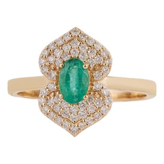 19th Revival Style Emerald Art Deco Ring With Cluster Diamonds Size 5.5 in 14k Gold For Sale