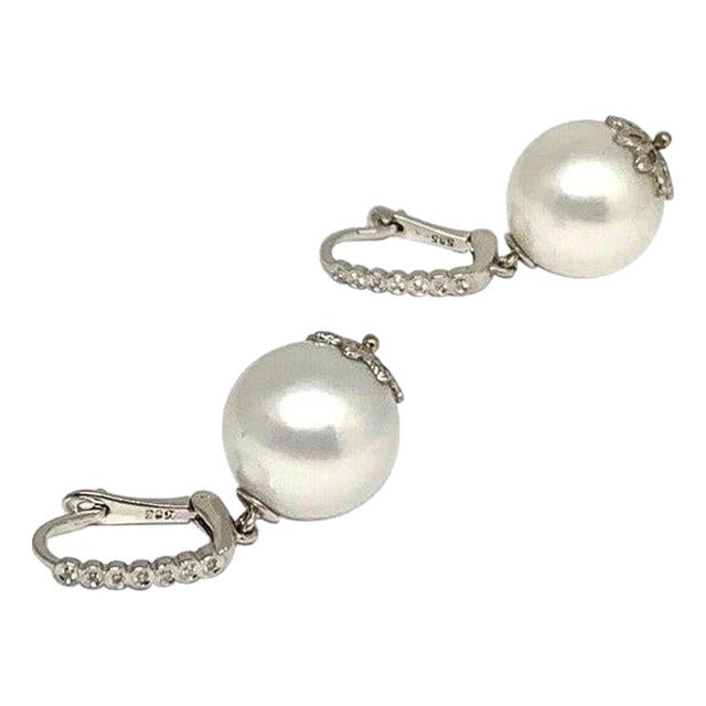 Diamond Large South Sea Pearl Earrings 14k Gold Certified For Sale