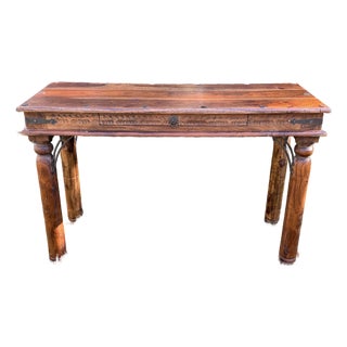 Vintage Indian Carved Wooden Console Table With Nailhead Design and Baluster Legs For Sale