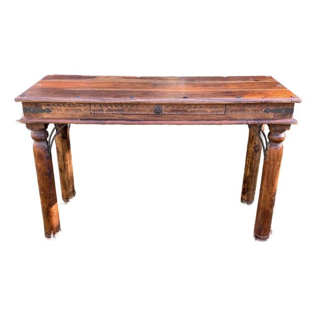 Vintage Indian Carved Wooden Console Table With Nailhead Design and Baluster Legs For Sale