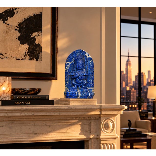 Finest Lapis Lazuli Tibetan Makahala Statue 9.5" Natural Gemstone Hand Carved For Sale - Image 4 of 14