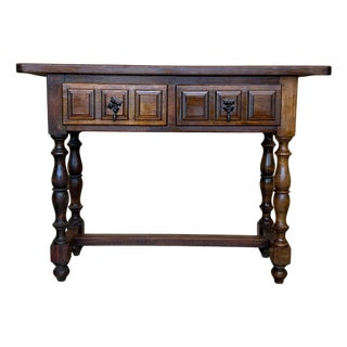 Spanish Console Table with Two Carved Drawers, 1940s For Sale