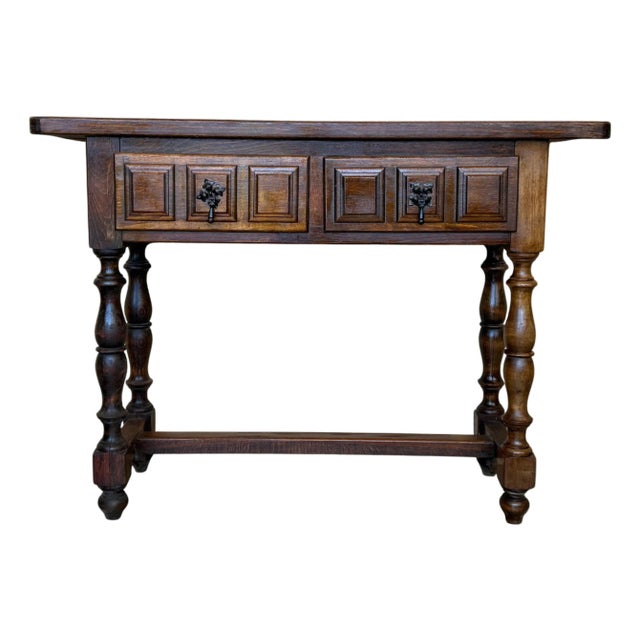 Spanish Console Table with Two Carved Drawers, 1940s For Sale