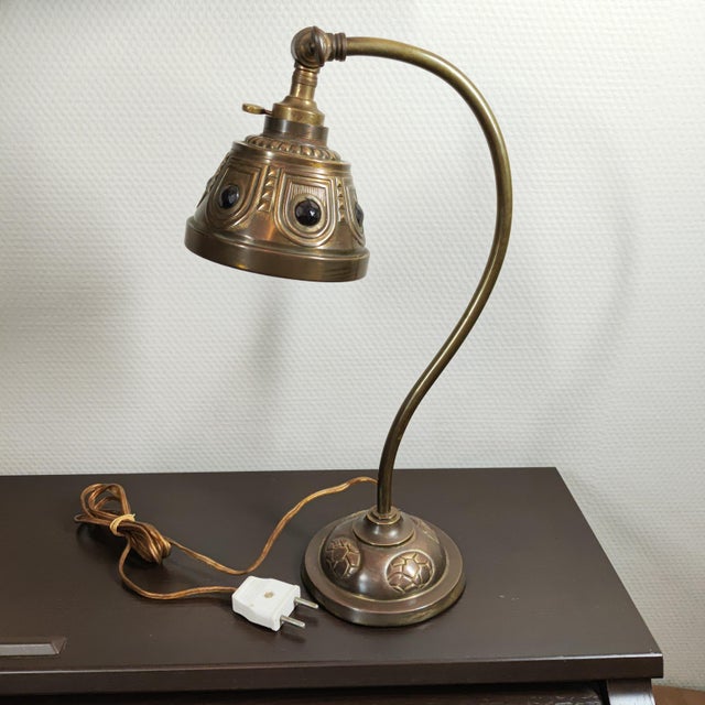 Brass Antique Art Deco Jeweled Brass Gooseneck Desk Lamp With Ruby Glass Cabochons, Circa 1920s For Sale - Image 8 of 9