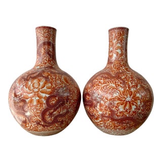 Pair of Oversized Green Eyed Red Dragon Five Fingered Claws Chinese Vases For Sale