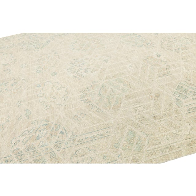 2010s 9x12 Modern Oushak Style Hand-Knotted Wool Rug – Neutral Ivory & Sage Geometric For Sale - Image 5 of 11