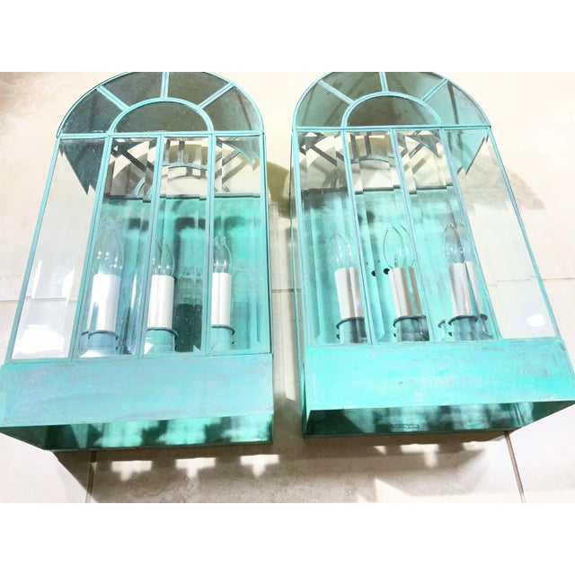 Pair of Vintage Solid Brass Wall Lanterns / Sconces With Rich Verdigris Patina For Sale - Image 10 of 13