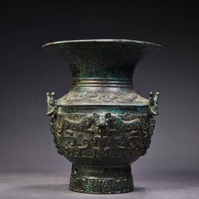 Chinese Vintage Bronze Vessel With Taotie & Serpent Motifs – Archaic Style Round Jar / Zun For Sale - Image 3 of 10
