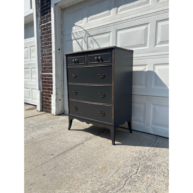 Vintage Queen Anne Style Black Chest of Drawers, Refinished Tall Dresser With Brass Hardware For Sale - Image 4 of 10