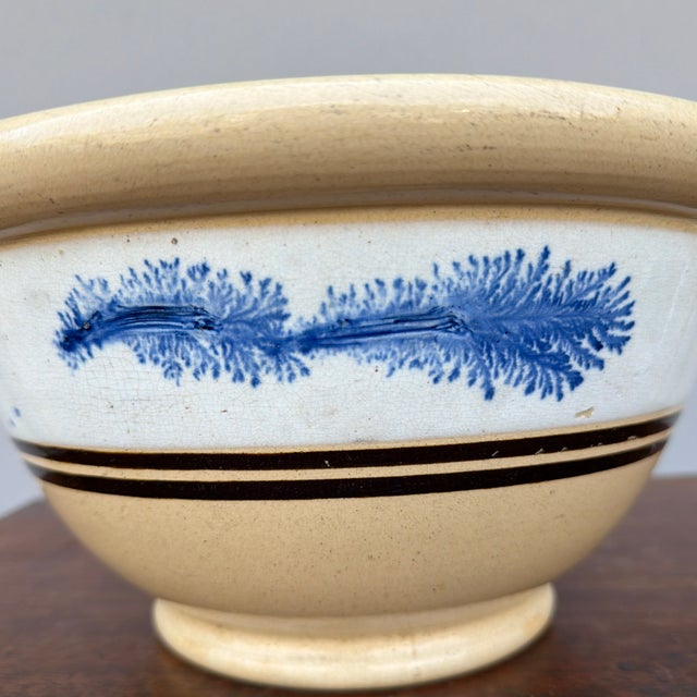 Antique English Yellowware Mixing Bowl With Blue Seaweed Decoration, Circa 1840s For Sale - Image 4 of 12