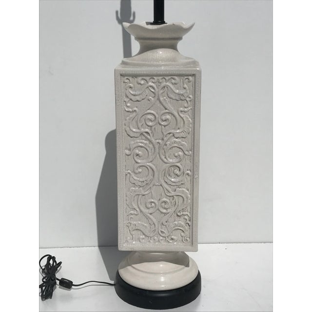 Large scale white ceramic floor or table lamp. Height to the tip of socket is 48", height of ceramic is 28", base is 9"...