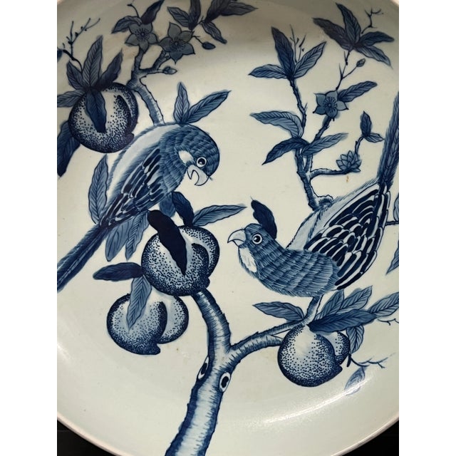 Late 20th Century Late 20th Century Chinese Art Large Porcelain Blue and White Charger With Love Bird Design For Sale - Image 5 of 10