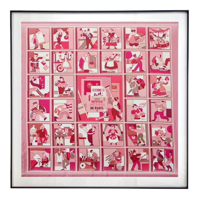 Framed Hermès Silk Scarf "Les Petits Métiers De Paris" by Karen Petrossian - Midnight Black Frame For Sale