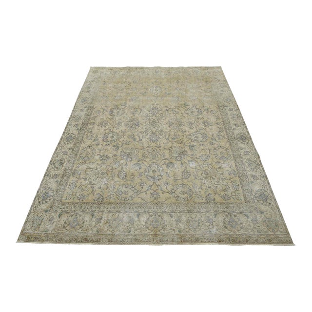 Tabriz Rug 9’2” X 10’8” Beige Wool Vintage Distressed Hand-Knotted Carpet For Sale