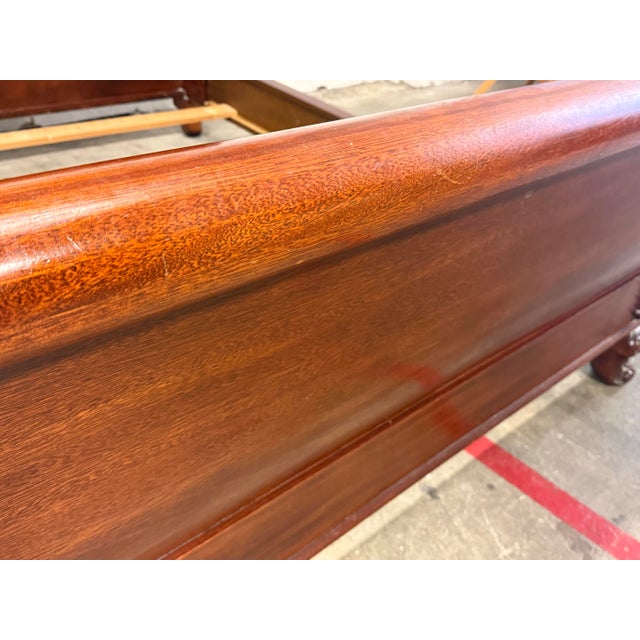 Queen Size Empire Revival Style Carved Mahogany Sleigh Bed Frame For Sale - Image 11 of 12