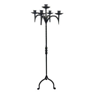 Hand Forged Iron Floor Candelabra 48.5″ (123cm) Antique Gold Patina 5-Arm Grand Candelabra Wedding & Home Decor For Sale