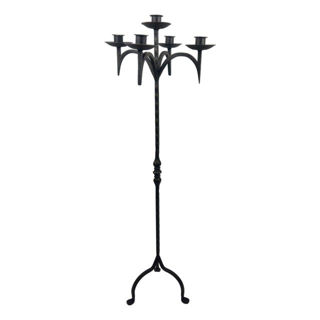 Hand Forged Iron Floor Candelabra 48.5″ (123cm) Antique Gold Patina 5-Arm Grand Candelabra Wedding & Home Decor For Sale
