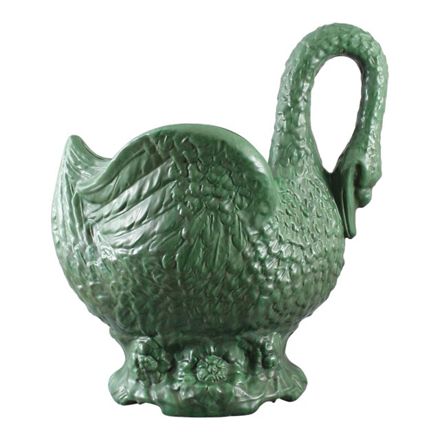 Rare Huge Signed Exhibition Weller Pottery Green Matte Swan Planter Jardiniere For Sale