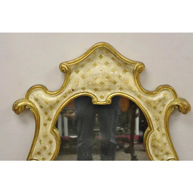 Hollywood Regency Vintage Italian Florentine Carved Sculpted Giltwood Cream and Gold Wall Mirror For Sale - Image 3 of 12