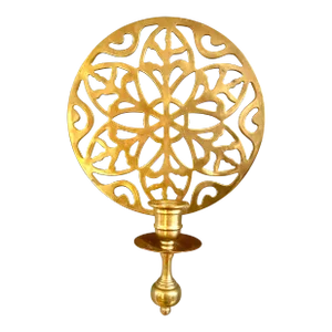 1970s Chinoiserie Bohemian Round Mandala Solid Brass Heavy Wall Sconce Taper Candle Holder