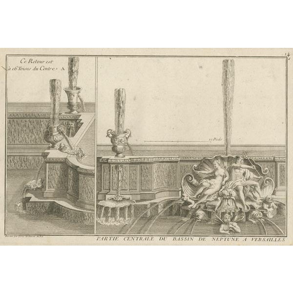 Antique print titled 'Partie Centrale du Bassin de Neptune a Versailles'. Copper engraving showing parts of the Neptune...