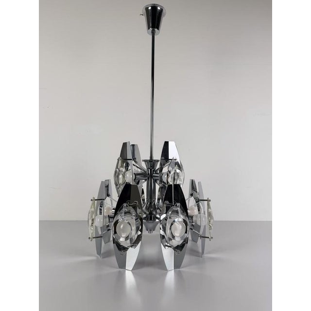 Space Age Chrome Chandelier in Crystal Glass and Optic Lens by Oscar Torlasco, 1970s For Sale - Image 8 of 18