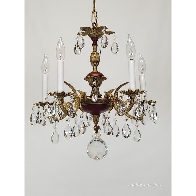 Metal Antique 5 Arm Petite Oxblood Empire Brass Cut Lead Glass Crystal Chandelier For Sale - Image 7 of 18