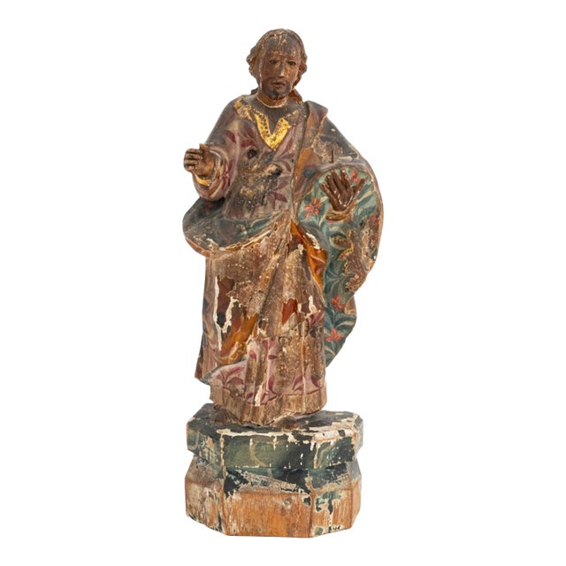 Standing Saint Painted & Carved Wood Sculpture For Sale