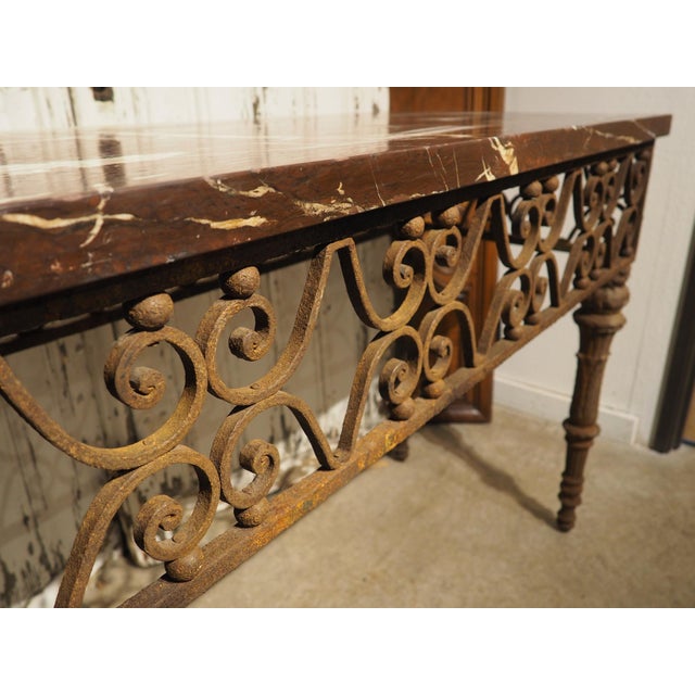 French Antique French Cast and Wrought Iron Console Table With Rouge Griotte Marble Top, 19th Century For Sale - Image 3 of 18