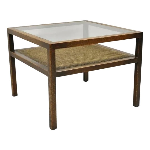 Mid Century Modern Dunbar Style Oak & Cane 2 Tier Glass Top Square Side Table For Sale