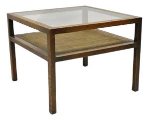 Mid Century Modern Dunbar Style Oak & Cane 2 Tier Glass Top Square Side Table