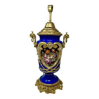 French Sèvres Porcelain Still Life Flowers Ormolu Cobalt Blue Table Lamp Bronze For Sale