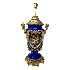 French Sèvres Porcelain Still Life Flowers Ormolu Cobalt Blue Table Lamp Bronze