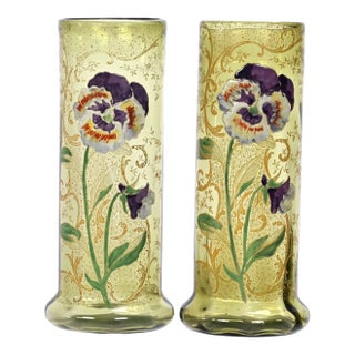Pair of Antique Mont Joye Legras Enameled Art Glass Vases For Sale