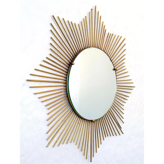 French Chaty Vallauris Gilt Metal Starburst or Sunburst Mirror From France (Dia 25 3/4) For Sale - Image 3 of 7