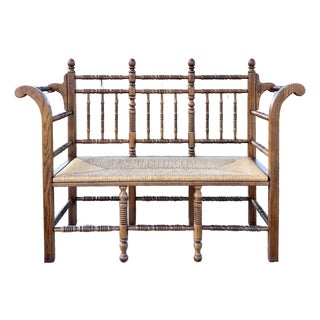 Vintage Chestnut Catalan Spindle Rush Seat Bench For Sale