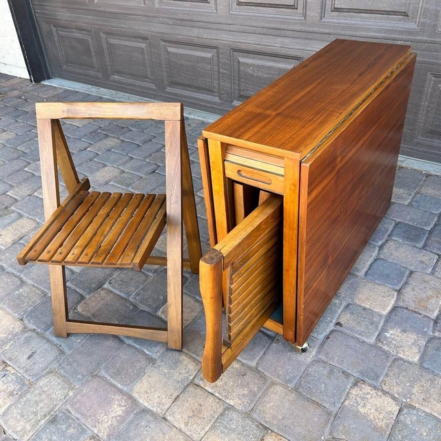Vintage Mid-Century Modern Space Saver Minimalist Hide Away Dropleaf Table W/ 4 Hidden Folding Chairs, Romania, C. 1960's For Sale - Image 4 of 10