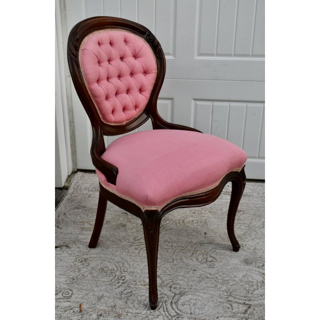 Pink Antique Walnut Parlor Chair Victorian Style Tufted Pink Bedroom Accent Vanity For Sale - Image 8 of 13