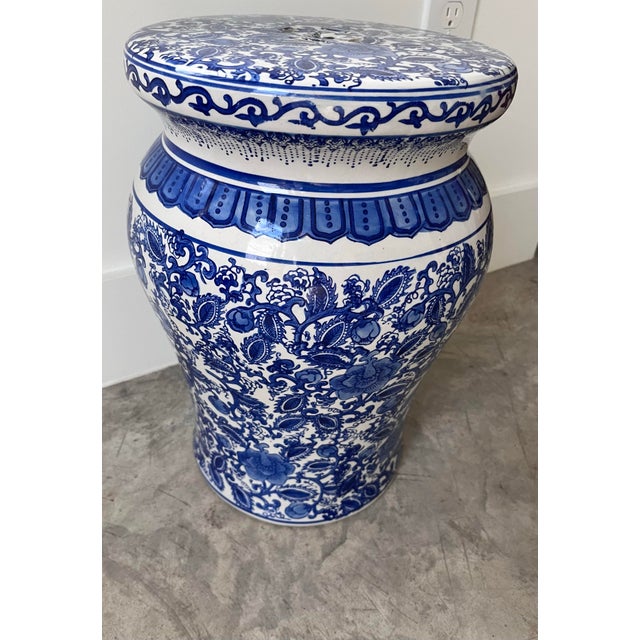 Vintage Late 20th Century Chinese Blue and White Garden Stool For Sale - Image 4 of 9