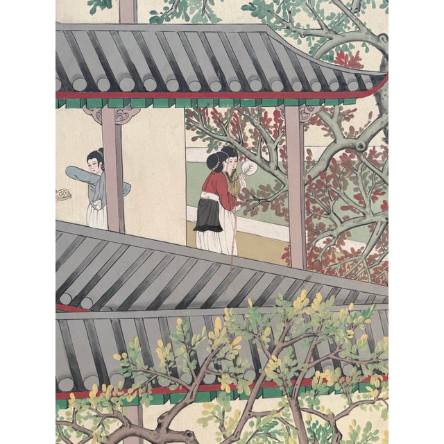 Mid 20th Century Grand-Scale Chinese Hand-Painted 6 Panel Folding Screen Room of Waterfront Village For Sale - Image 5 of 11