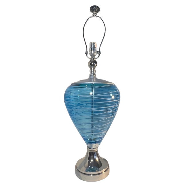 Art Glass Aqua Blue White Swirl Table Lamp For Sale - Image 13 of 18