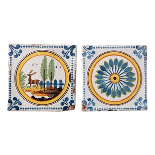 Polychrome Stencilled Tiles from Nevers Faience, 1830, Set of 2 For Sale