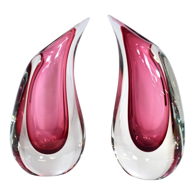 Murano Glass Pink Sommerso Teardrop Vases by Luigi Onesto, 1970's Pair For Sale