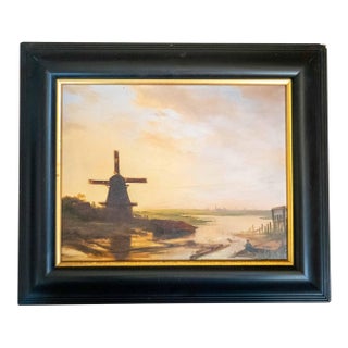 19th Century Dutch Luminist Old Master Style Oil Painting With Windmill For Sale