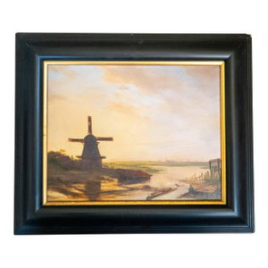 19th Century Dutch Luminist Old Master Style Oil Painting With Windmill