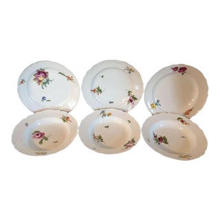 18th Century German Meissen Porcelain Plates & Soup Bowls with Botanical Decoration - Set of 6 For Sale