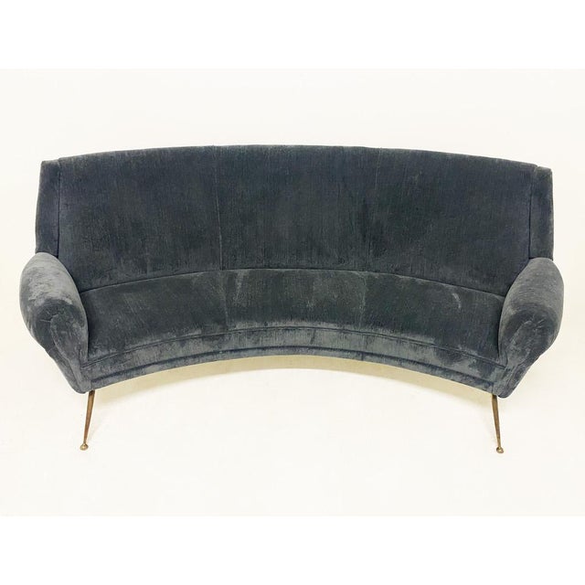 Elegant gigi radice sofa with a brass frame and ash blue velvet upholstery. origin: italy period: 1970 dimensions: l 220 x...
