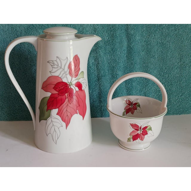 Late 20th Century Vintage Christmas Holiday Ceramic "Poinsettia" Coffeepot and Candy Basket by Block, Portugal 1982 For Sale - Image 5 of 7